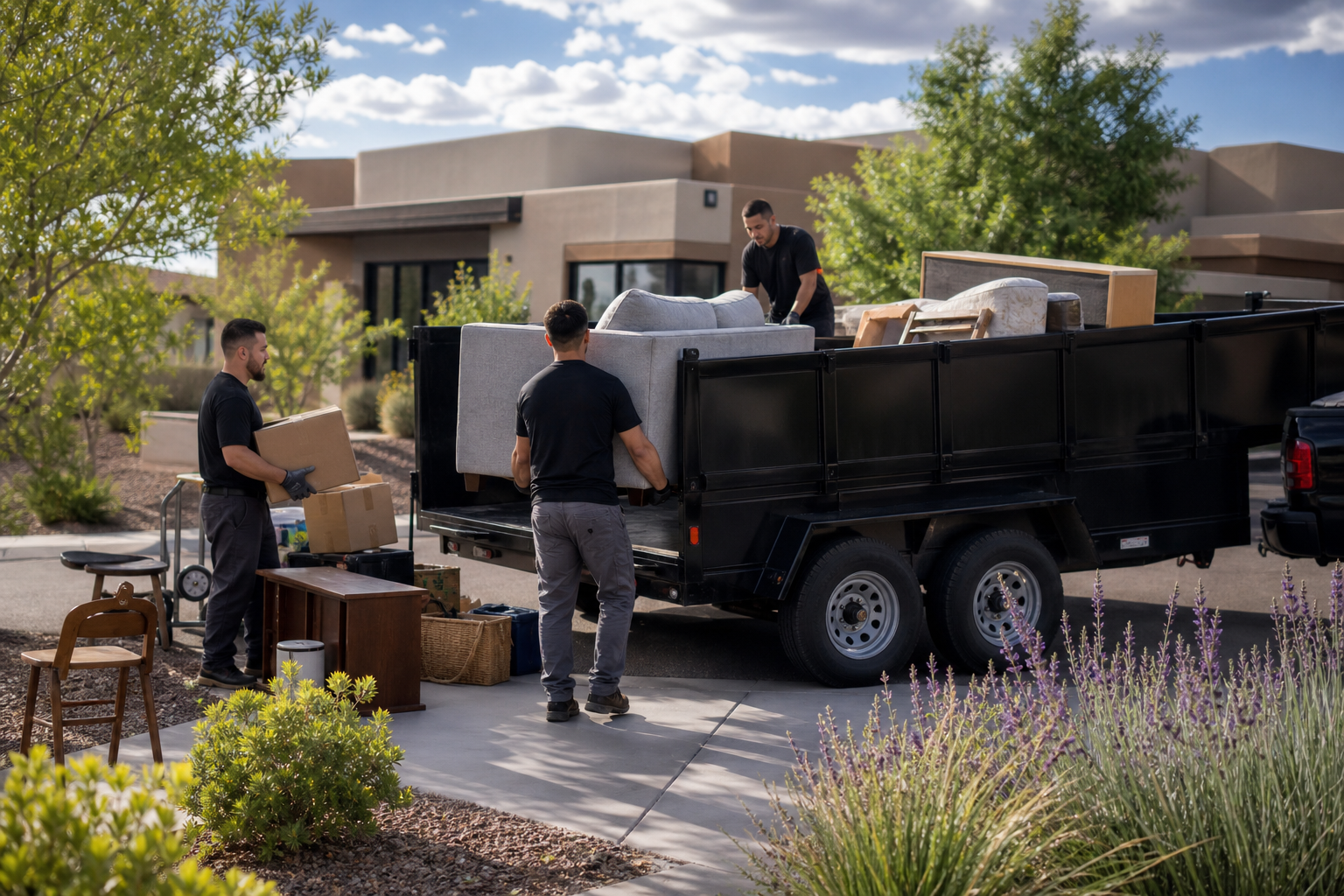 Unbranded junk removal crew loading furniture and boxes into a clean black trailer