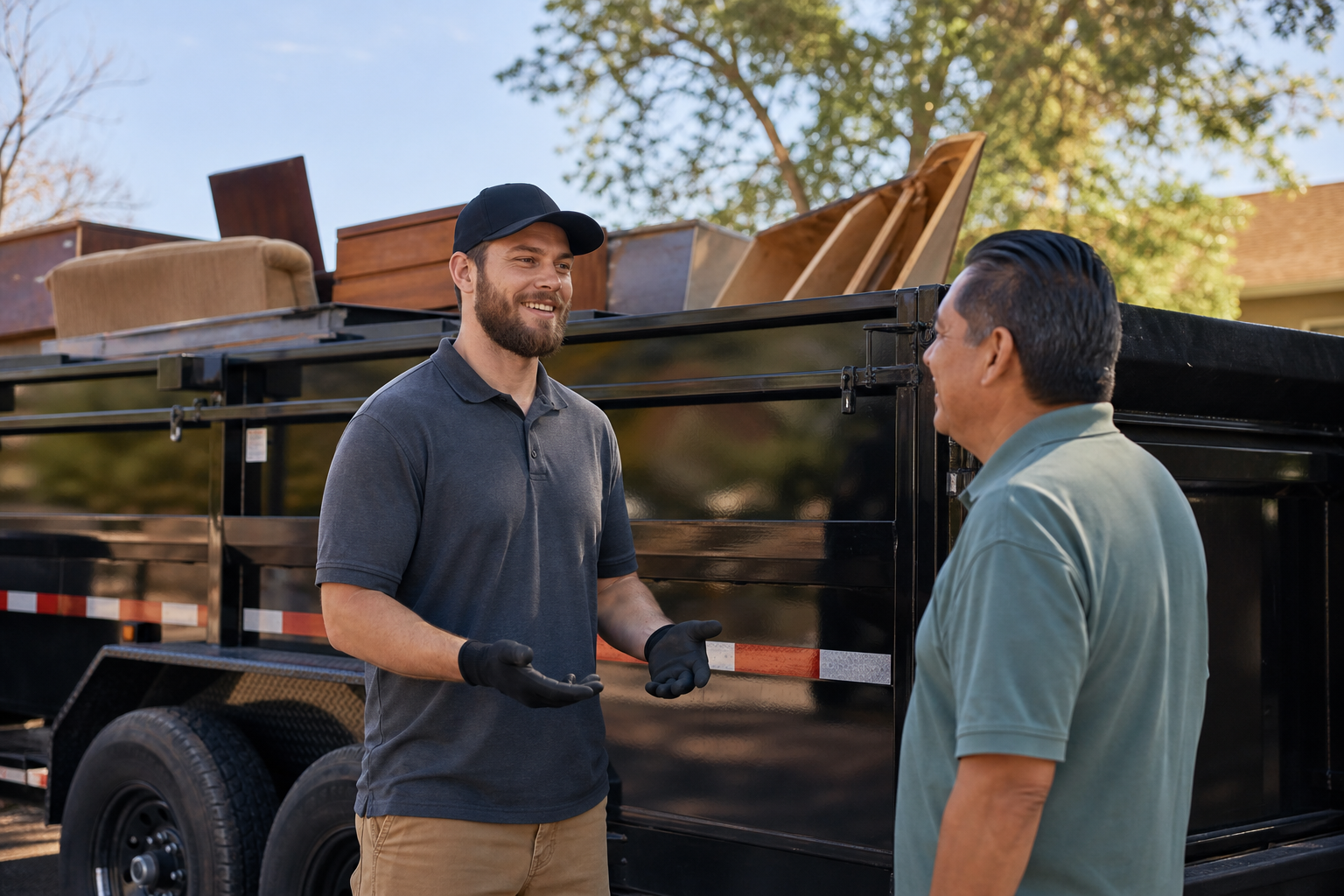 Junk removal crew member speaking with a homeowner beside a clean unbranded trailer