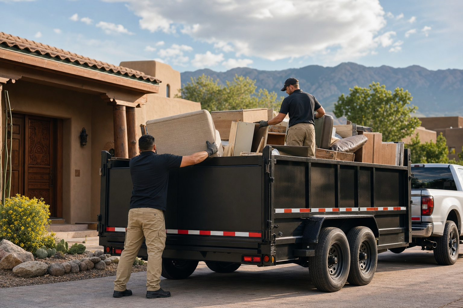 Unbranded junk removal crew loading a clean dump trailer beside a southwestern home
