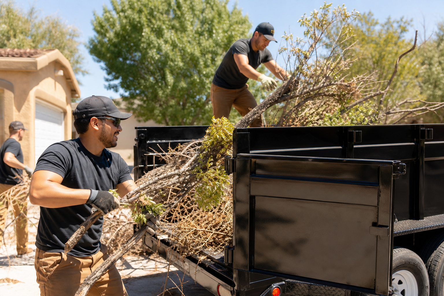 Yard debris loaded into a trailer beside a residential property
